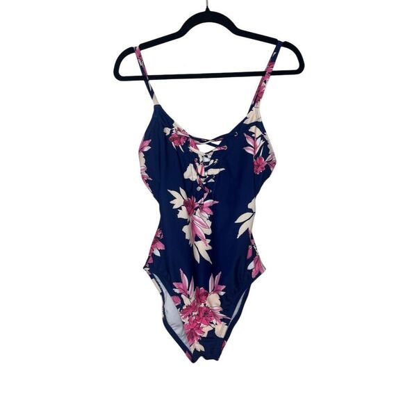 NWOT NAUTICA BLUE/PURPLE FLORAL LACE UP ONE PIECE SWIMSUIT WOMENS SIZE LARGE - Picture 2 of 10